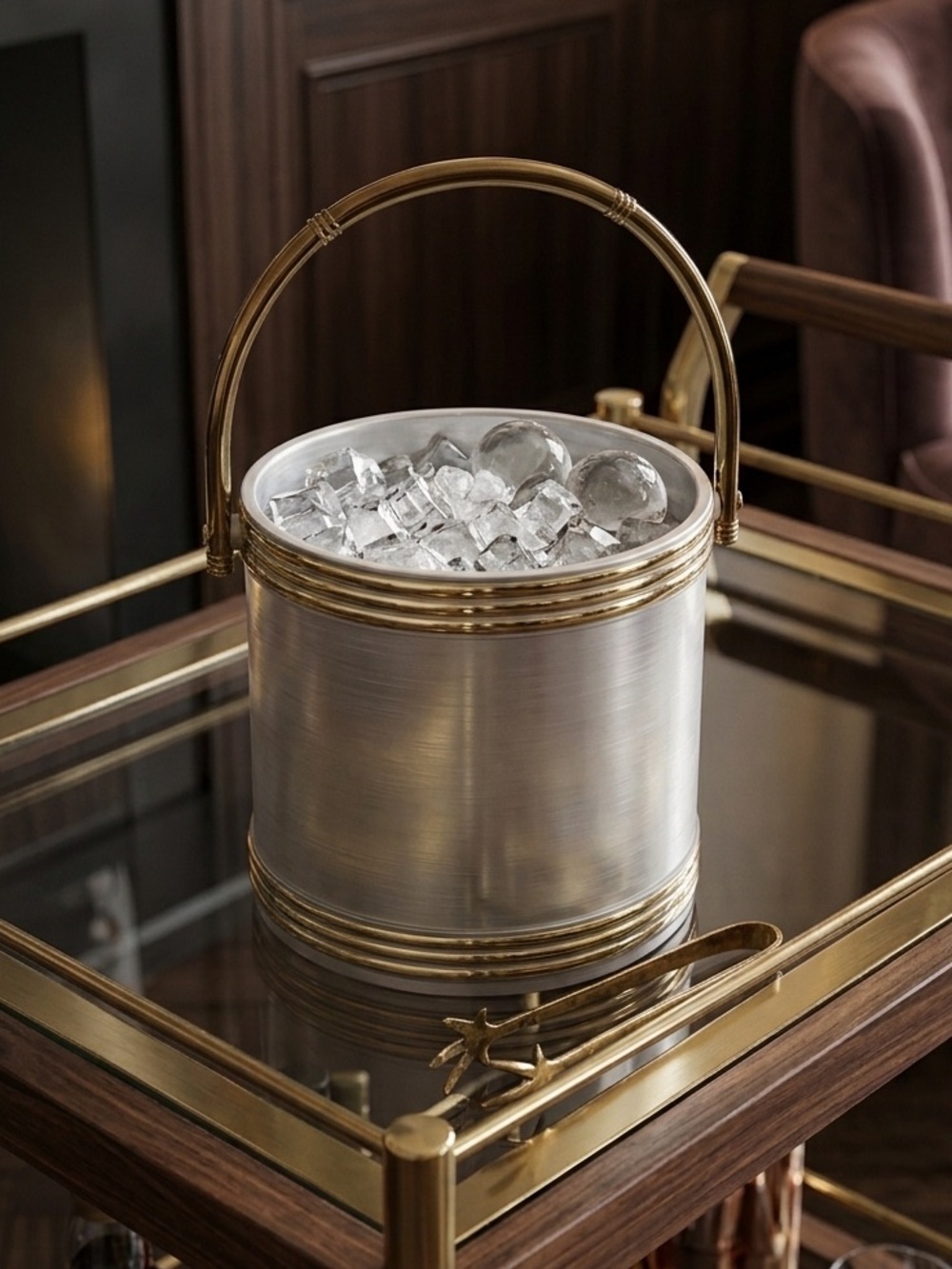 1970s Shelton Ware Inc. Silver and Gold Insulated Ice Bucket with Brass Tongs